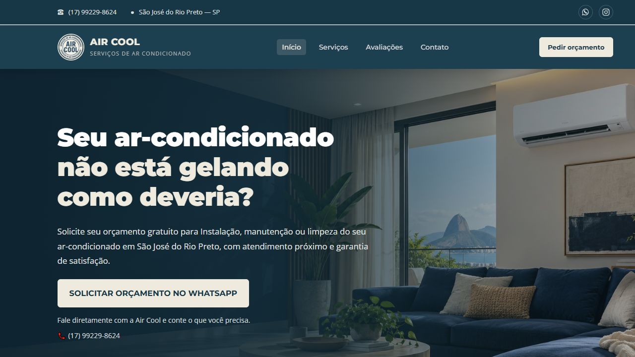 Captura real do site Air Cool em desktop